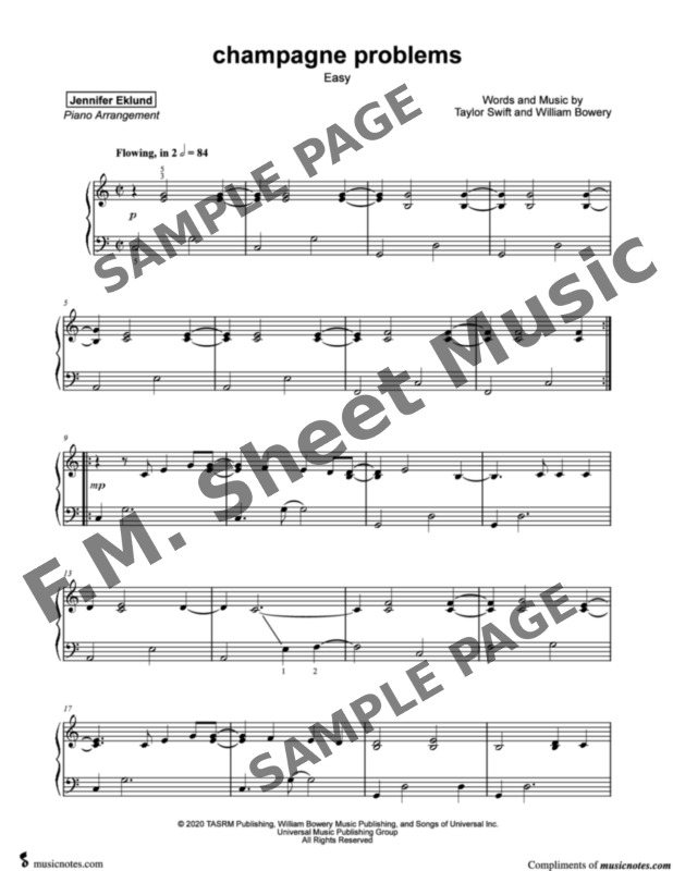 Champagne Problems (Easy Piano) By Taylor Swift - F.M. Sheet Music